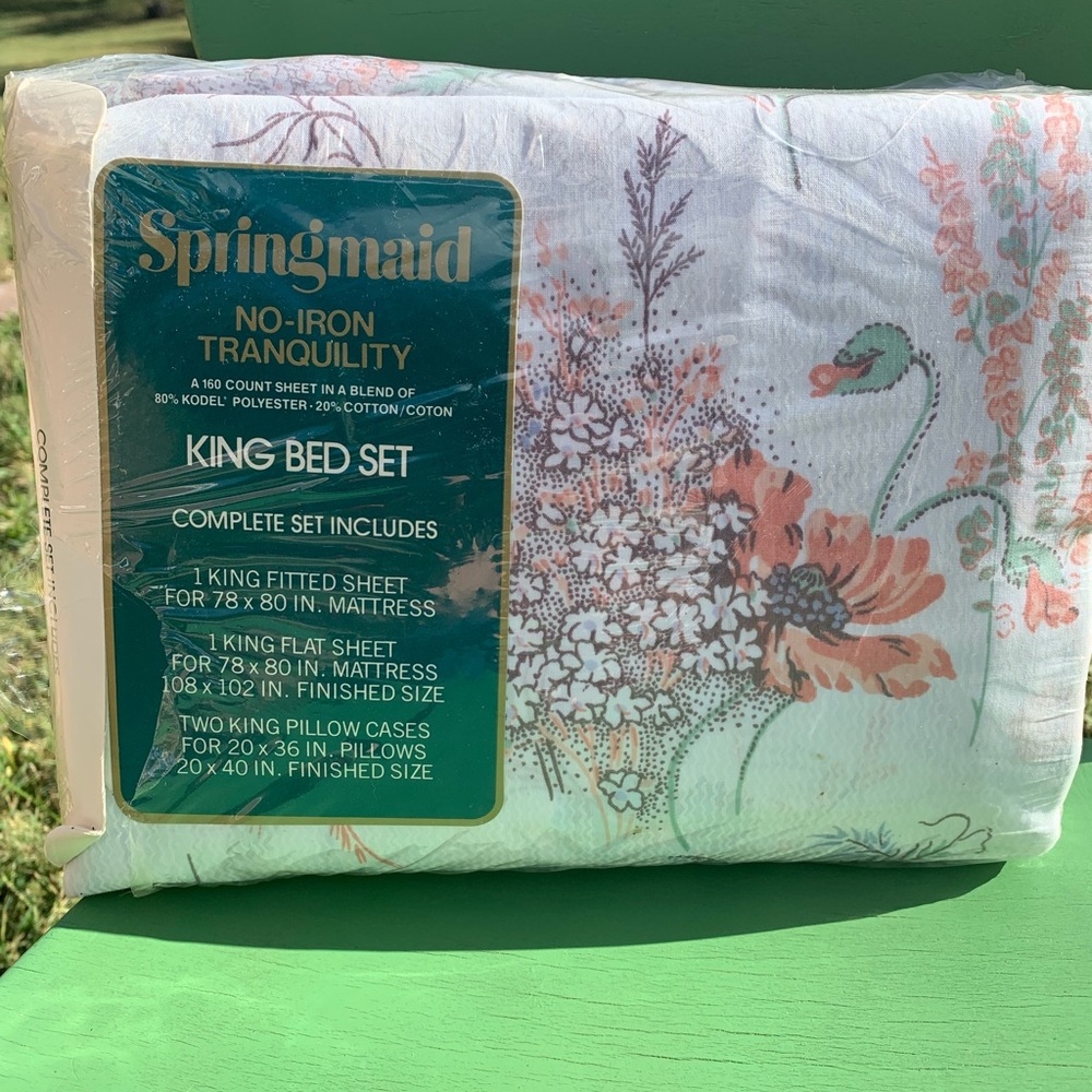 Vintage Springmaid King sheet set NWT in soft pastel ‘Moire Flower’ print